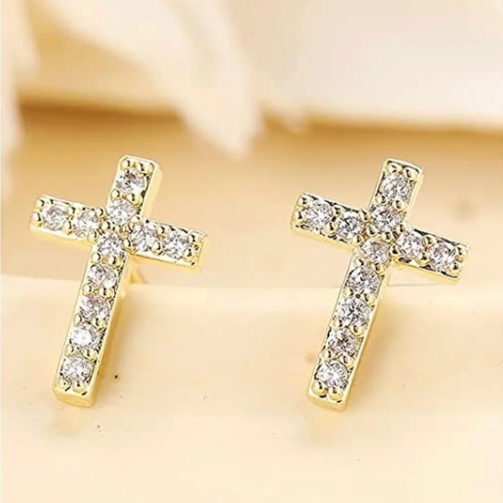 14K Gold Plated CZ Inlay Christian Cross Small Stud Earrings Baby Girl Women New - Picture 14 of 14